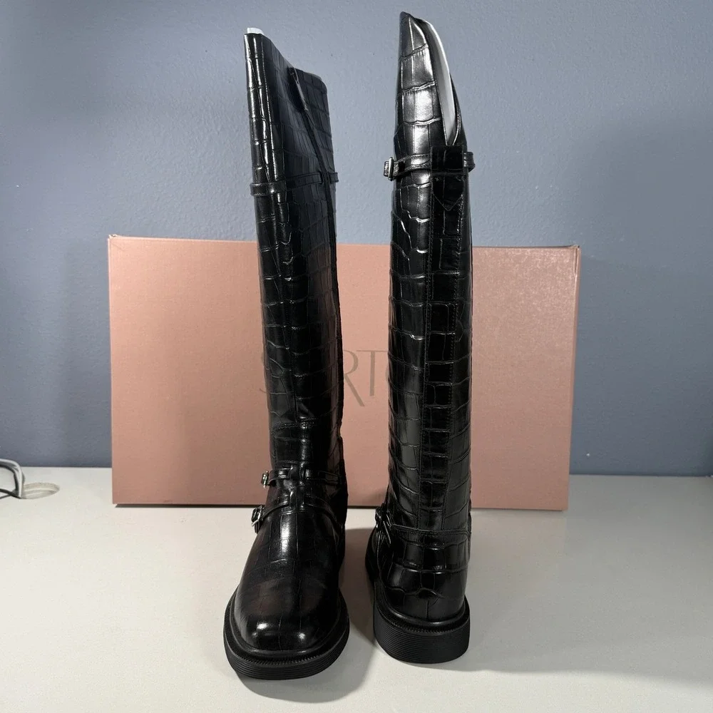 SARTO by Franco Sarto Ainsley Black Croc Embossed Leather Knee High Boots Size 9